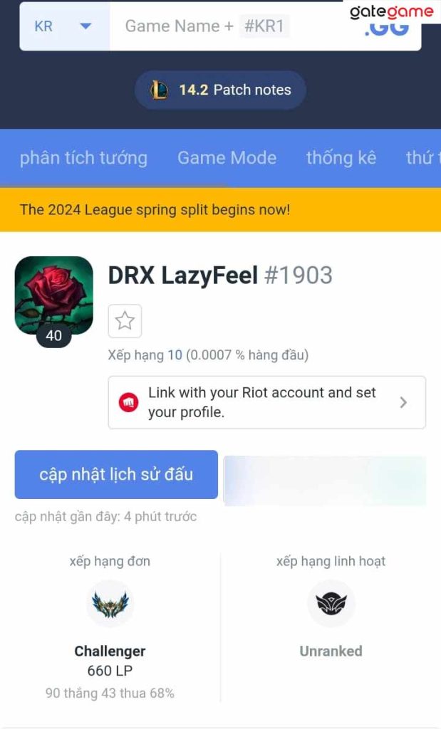 LazyFeel từng lên top 1 Thách Đấu Hàn