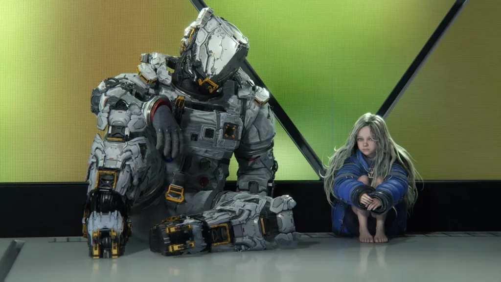 Nhân vật chính Hugh và cô bé Diana trong bối cảnh mặt trăng tuyệt đẹp của tựa game viễn tưởng Pragmata.