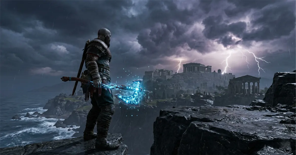 Kratos đứng trước tàn tích Hy Lạp cổ đại trong phần game God of War 6 với vũ khí mới.