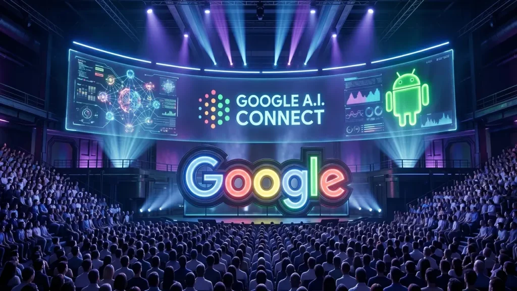 Hình ảnh sân khấu hoành tráng mang đậm chất công nghệ tương lai tại sự kiện Google I/O 2026