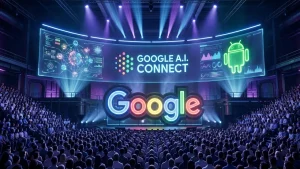 Hình ảnh sân khấu hoành tráng mang đậm chất công nghệ tương lai tại sự kiện Google I/O 2026
