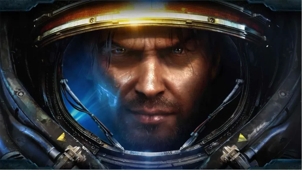 Hình ảnh mũ giáp Terran Marine rạn nứt trong màn công bố dự án game bắn súng thế giới mở StarCraft tại BlizzCon 2026.