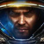 Hình ảnh mũ giáp Terran Marine rạn nứt trong màn công bố dự án game bắn súng thế giới mở StarCraft tại BlizzCon 2026.