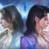 Hai nhân vật quay lưng trong ảnh quảng bá Aion 2 với ánh sáng xanh và tím.
