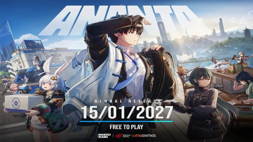 Dàn nhân vật ANANTA trước cảnh thành phố, kèm dòng Global Release 15/01/2027 và Free to Play.