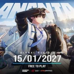 Dàn nhân vật ANANTA trước cảnh thành phố, kèm dòng Global Release 15/01/2027 và Free to Play.