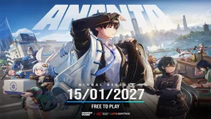 Dàn nhân vật ANANTA trước cảnh thành phố, kèm dòng Global Release 15/01/2027 và Free to Play.