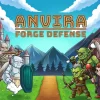 Logo Anvira Forge Defense ở giữa, đội golem bên trái và nhóm goblin cùng quái vật bên phải, nền là lâu đài và núi lửa.