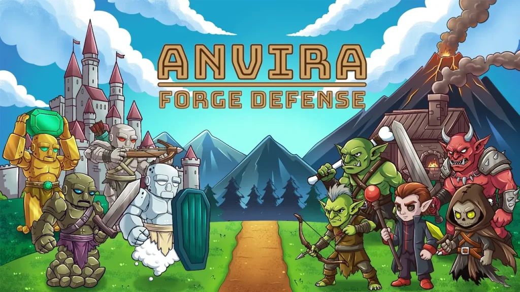 Logo Anvira Forge Defense ở giữa, đội golem bên trái và nhóm goblin cùng quái vật bên phải, nền là lâu đài và núi lửa.