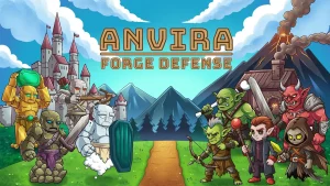 Logo Anvira Forge Defense ở giữa, đội golem bên trái và nhóm goblin cùng quái vật bên phải, nền là lâu đài và núi lửa.