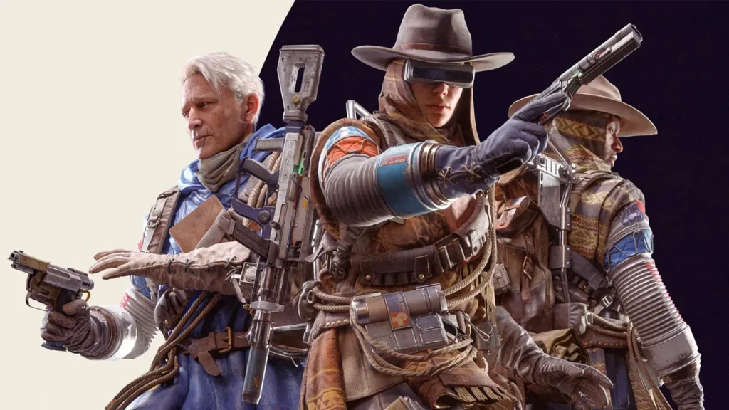 Hai Raider đeo ba lô nhìn ra thung lũng lúc hoàng hôn, một người giơ ngón tay cái, phía dưới có logo ARC Raiders.