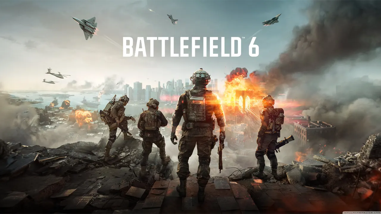 Hình ảnh quảng bá Battlefield 6 với logo game và cảnh chiến trường.