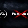 iểu tượng chữ B màu xanh của BioWare nằm giữa nền đen.