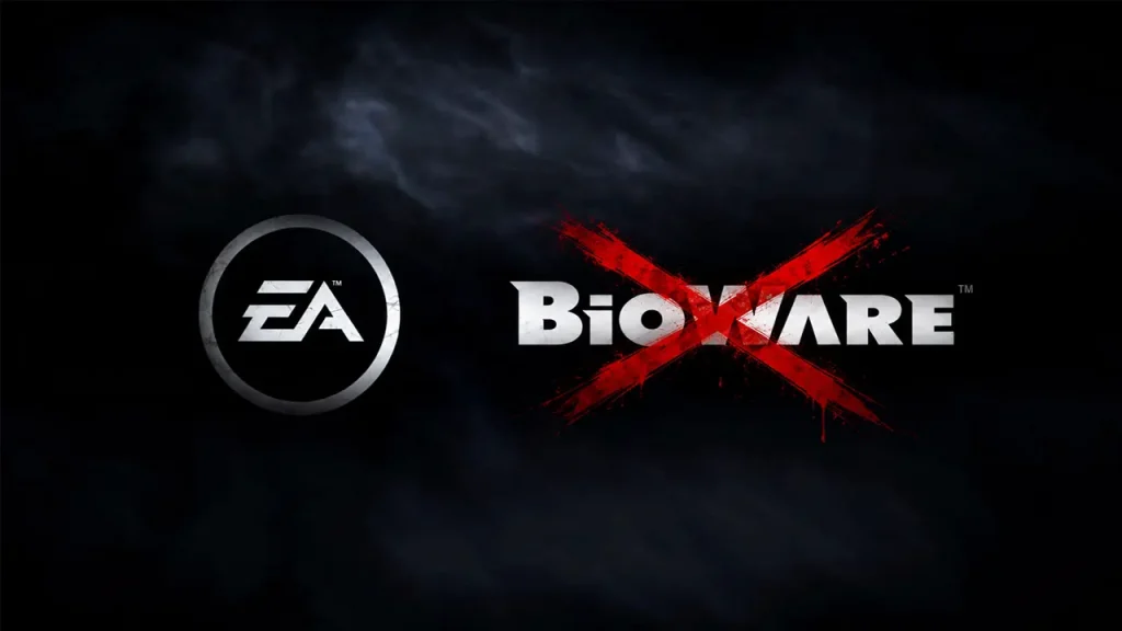 iểu tượng chữ B màu xanh của BioWare nằm giữa nền đen.