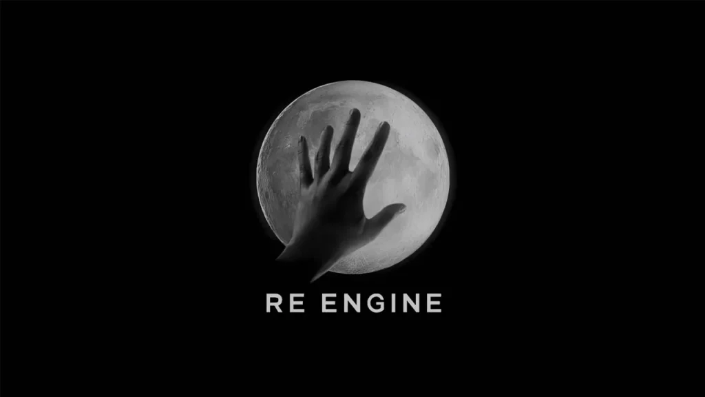 Logo RE Engine của Capcom với bàn tay chạm vào mặt trăng trên nền đen