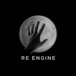 Logo RE Engine của Capcom với bàn tay chạm vào mặt trăng trên nền đen