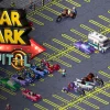 Logo Car Park Capital màu vàng đỏ nổi trên bãi đỗ có vạch vàng, nhiều ô tô nhỏ và cư dân theo phong cách pixel.