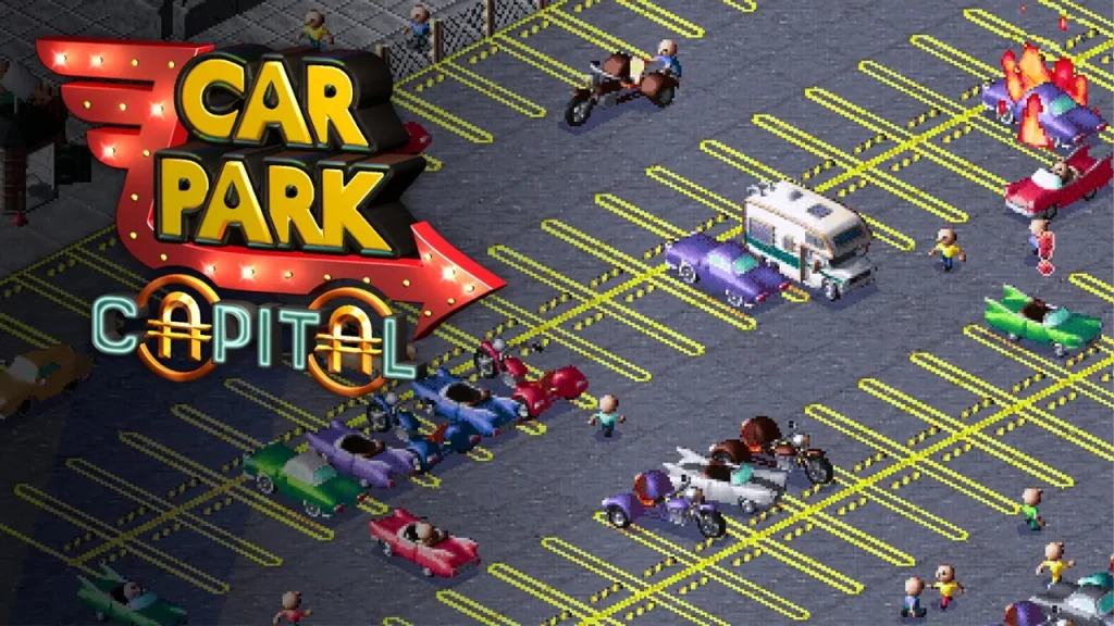 Logo Car Park Capital màu vàng đỏ nổi trên bãi đỗ có vạch vàng, nhiều ô tô nhỏ và cư dân theo phong cách pixel.