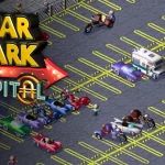 Logo Car Park Capital màu vàng đỏ nổi trên bãi đỗ có vạch vàng, nhiều ô tô nhỏ và cư dân theo phong cách pixel.