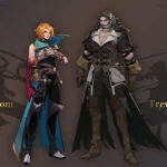 Trevor Belmont tóc dài pha bạc, râu xám, mặc áo khoác sẫm màu trước nền trời vàng và kiến trúc Gothic.