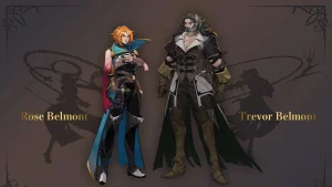 Trevor Belmont tóc dài pha bạc, râu xám, mặc áo khoác sẫm màu trước nền trời vàng và kiến trúc Gothic.