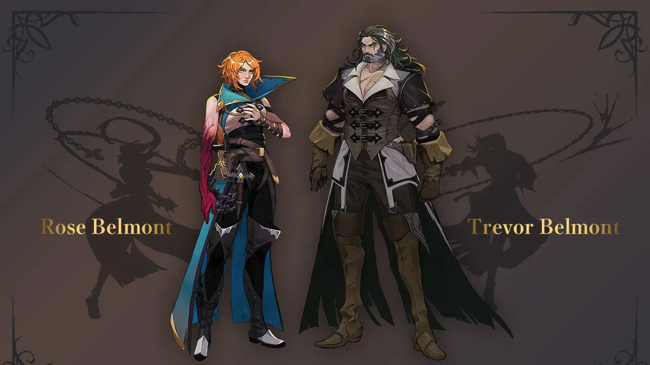 Trevor Belmont tóc dài pha bạc, râu xám, mặc áo khoác sẫm màu trước nền trời vàng và kiến trúc Gothic.