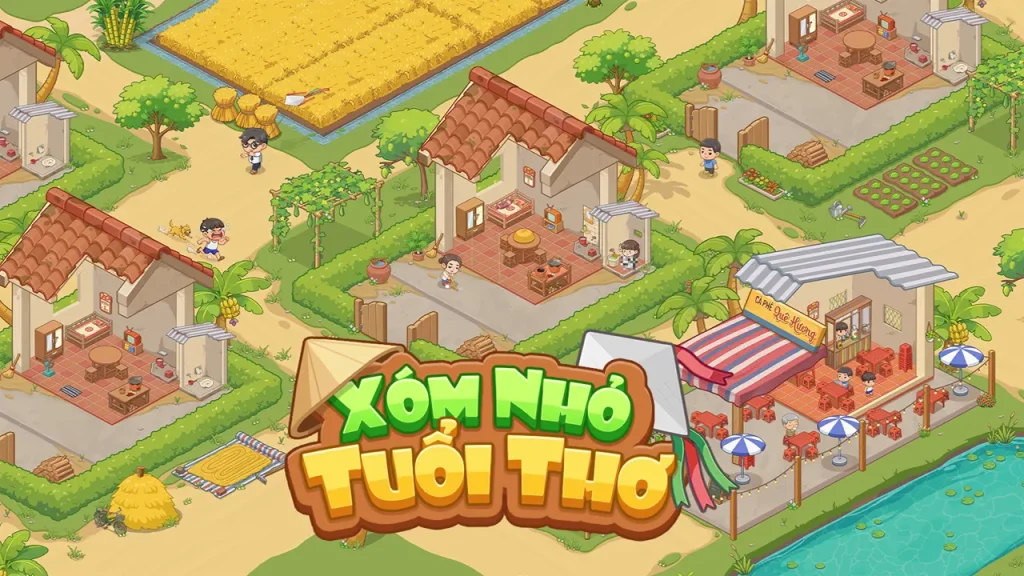 Logo Xóm Nhỏ Tuổi Thơ trên cảnh nhà mái ngói, ruộng lúa và quán cà phê bên mặt nước.