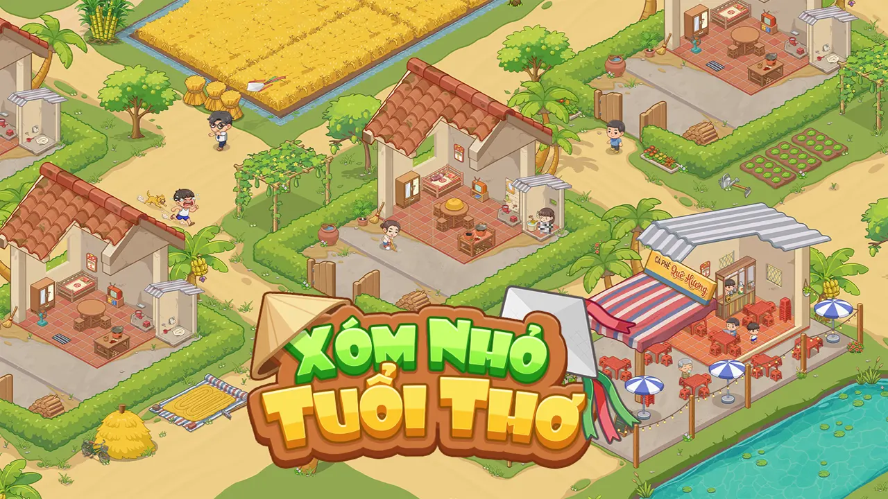 Logo Xóm Nhỏ Tuổi Thơ trên cảnh nhà mái ngói, ruộng lúa và quán cà phê bên mặt nước.