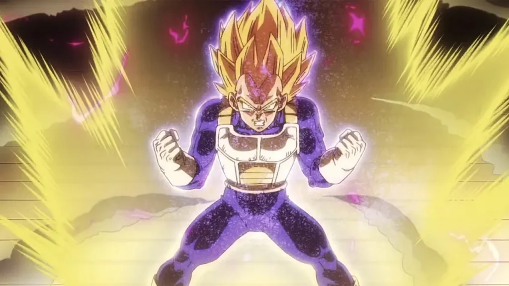 Cận cảnh Vegeta tóc vàng nghiến răng giữa luồng sáng vàng tím trong Dragon Ball Super: Beerus.