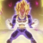 Cận cảnh Vegeta tóc vàng nghiến răng giữa luồng sáng vàng tím trong Dragon Ball Super: Beerus.