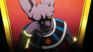 Beerus ngồi trên ngai trong tập 1 Dragon Ball Super: Beerus.