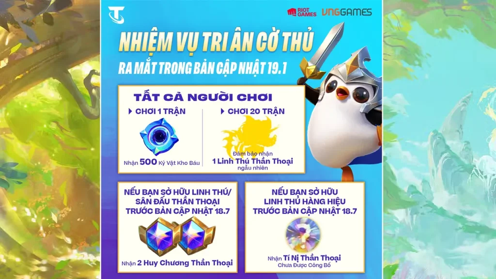 Infographic Appreciation Missions của TFT với bốn phần thưởng và điều kiện nhận từ bản 19.1.