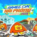 Khu chụp ảnh Games ON Hải Phòng 2026 với hai mô hình linh vật cam vàng, logo VNGGames và trang trí hình tàu.
