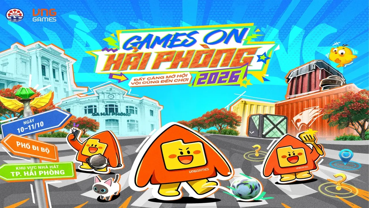 Khu chụp ảnh Games ON Hải Phòng 2026 với hai mô hình linh vật cam vàng, logo VNGGames và trang trí hình tàu.