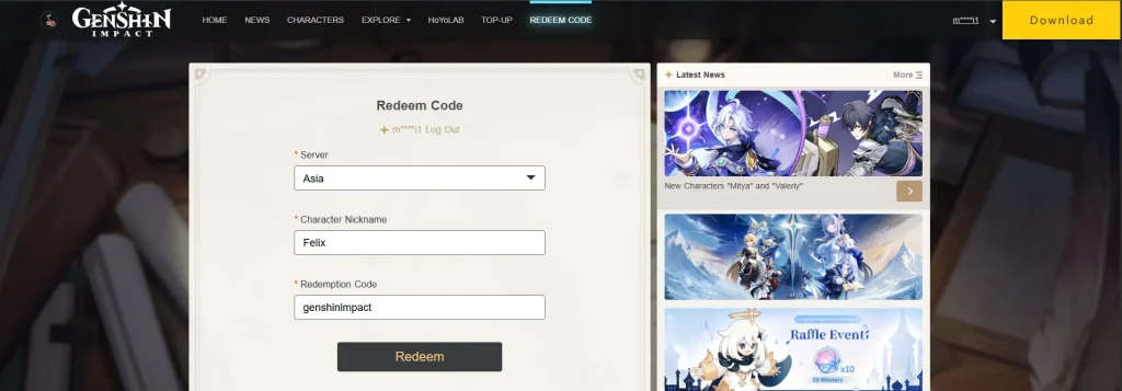 Nhập code trên trang chủ Genshin