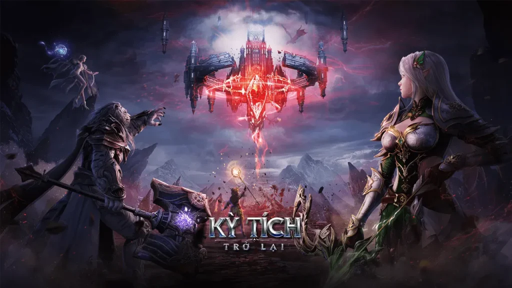: Key art Kỳ Tích Trở Lại có nữ chiến binh tóc trắng bên phải, chiến binh cầm vũ khí bên trái và lâu đài đỏ lơ lửng ở giữa.