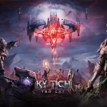 : Key art Kỳ Tích Trở Lại có nữ chiến binh tóc trắng bên phải, chiến binh cầm vũ khí bên trái và lâu đài đỏ lơ lửng ở giữa.