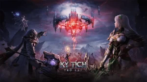 : Key art Kỳ Tích Trở Lại có nữ chiến binh tóc trắng bên phải, chiến binh cầm vũ khí bên trái và lâu đài đỏ lơ lửng ở giữa.