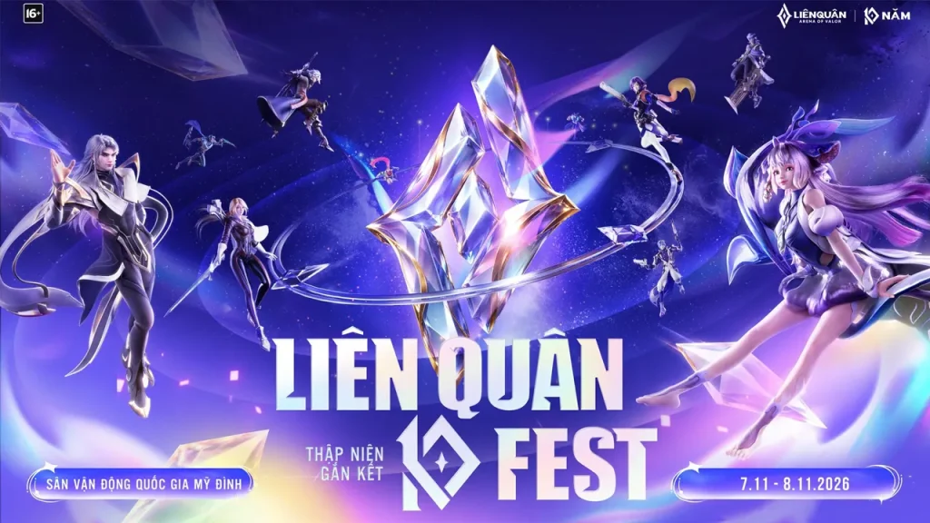 Hình quảng bá Liên Quân 10Fest nền tím với khối pha lê ở giữa, các nhân vật hai bên và lịch 7–8/11/2026 phía dưới.
