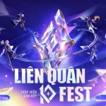 Hình quảng bá Liên Quân 10Fest nền tím với khối pha lê ở giữa, các nhân vật hai bên và lịch 7–8/11/2026 phía dưới.