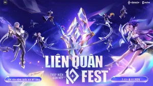 Hình quảng bá Liên Quân 10Fest nền tím với khối pha lê ở giữa, các nhân vật hai bên và lịch 7–8/11/2026 phía dưới.