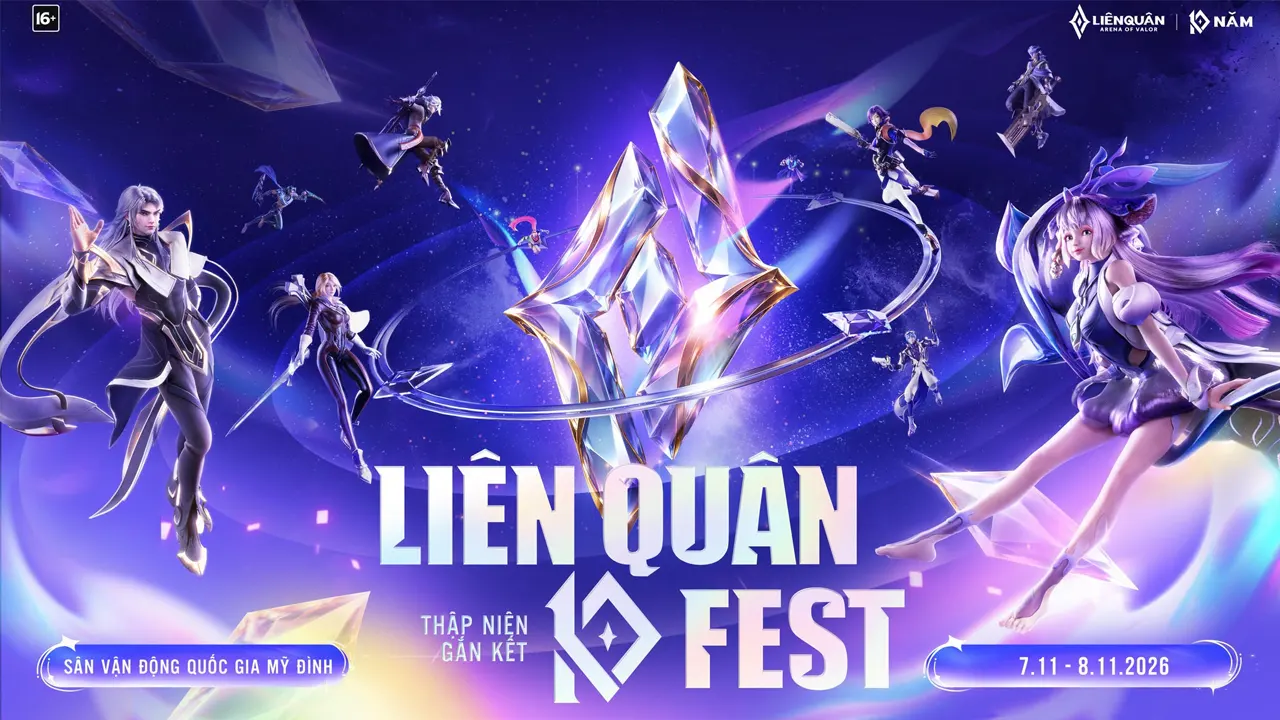 Hình quảng bá Liên Quân 10Fest nền tím với khối pha lê ở giữa, các nhân vật hai bên và lịch 7–8/11/2026 phía dưới.