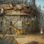 Josef và Berta đứng cạnh cỗ máy bánh xích màu vàng giữa rừng cây và vách đá trong Machinarium 2.