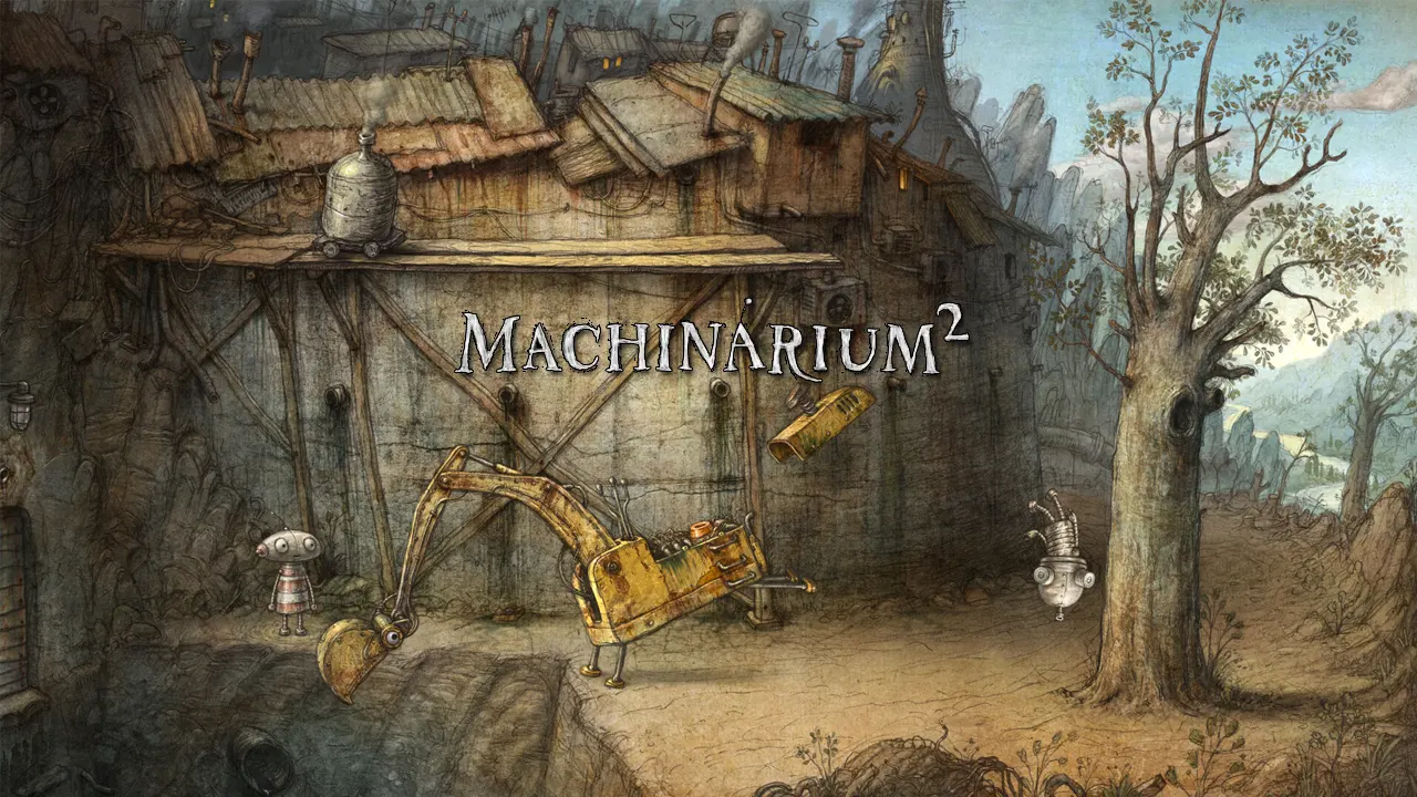 Josef và Berta đứng cạnh cỗ máy bánh xích màu vàng giữa rừng cây và vách đá trong Machinarium 2.