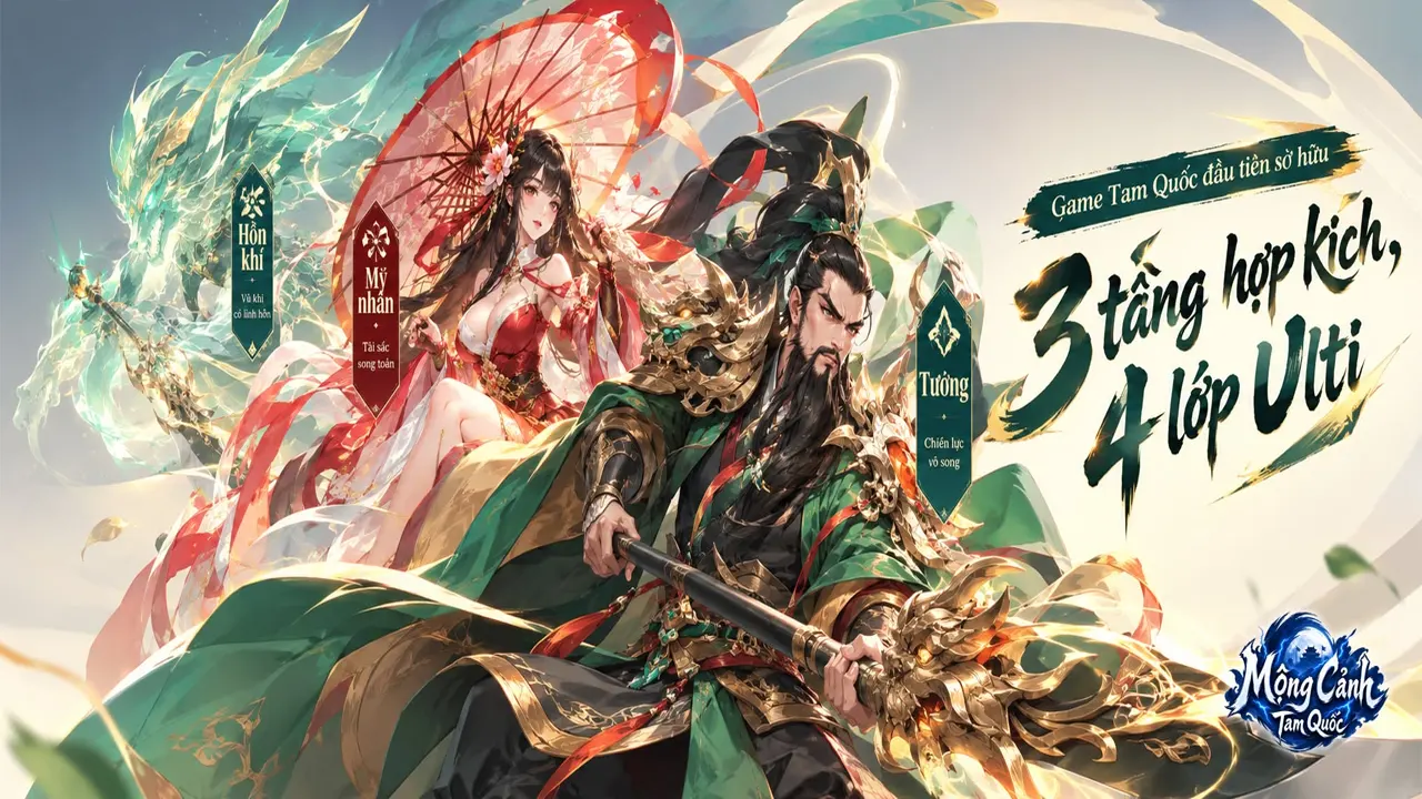 Danh tướng Quan Vũ cầm thanh long đao đứng cạnh mỹ nhân cầm ô đỏ và rồng xanh trong hình giới thiệu Mộng Cảnh Tam Quốc.