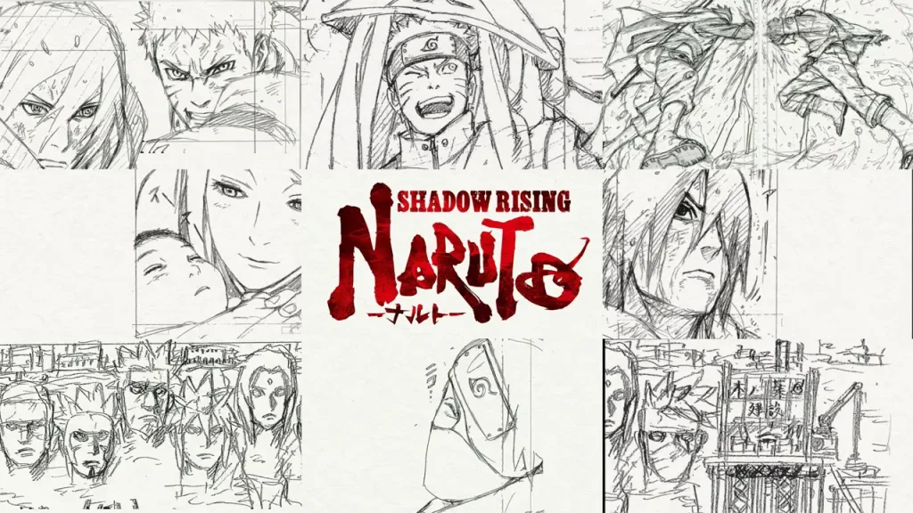 Logo Naruto: Shadow Rising màu đỏ trên nền trắng.