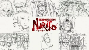 Logo Naruto: Shadow Rising màu đỏ trên nền trắng.