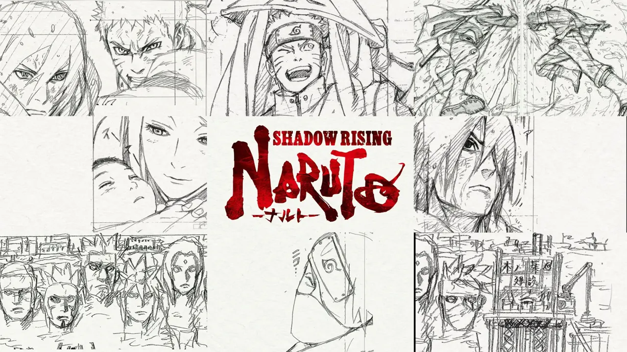 Logo Naruto: Shadow Rising màu đỏ trên nền trắng.