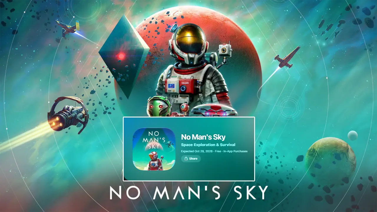 Nhân vật và tàu vũ trụ trên hành tinh xanh trong No Man’s Sky bản iPad.