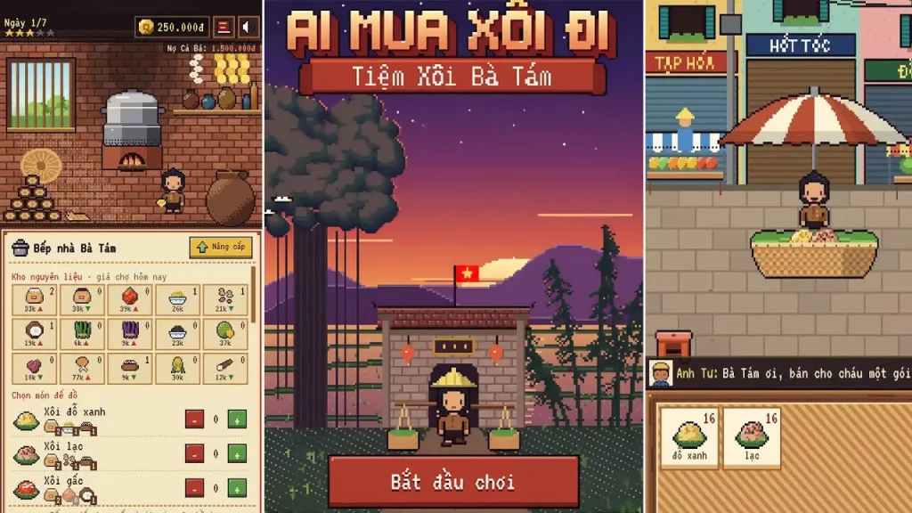 Ảnh giới thiệu Tiệm Xôi Bà Tám với màn hình tiêu đề và phong cảnh pixel